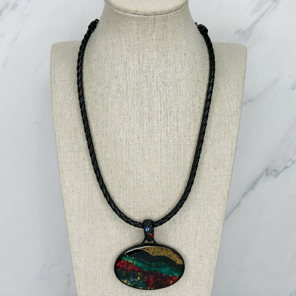 Chicos Vintage Black Braided Cord Colorful Pendant Statement Necklace ✨